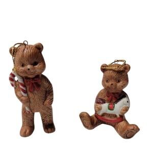 Vtg Standing Bear w Candy Cane & another Sitting w Rocking Horse Xmas ornament